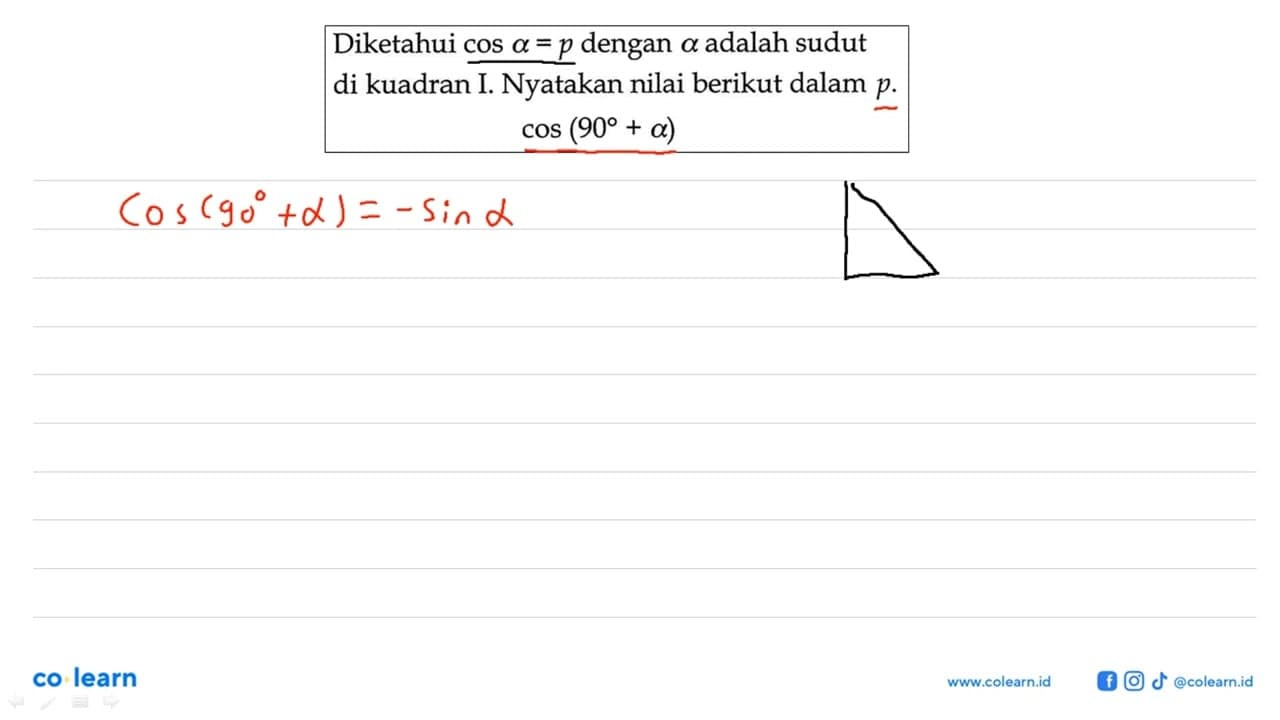 Diketahui cos a=p dengan a adalah sudut di kuadran I.