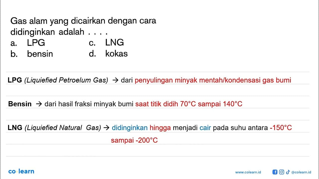 Gas alam yang dicairkan dengan cara didinginkan adalah ....