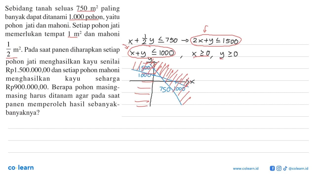 Sebidang tanah seluas 750 m^2 paling banyak dapat ditanami