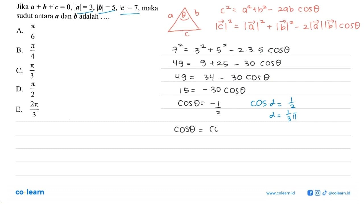 Jika a+b+c=0, |a|=3,|b|=5,|c|=7 , maka sudut antara a dan b