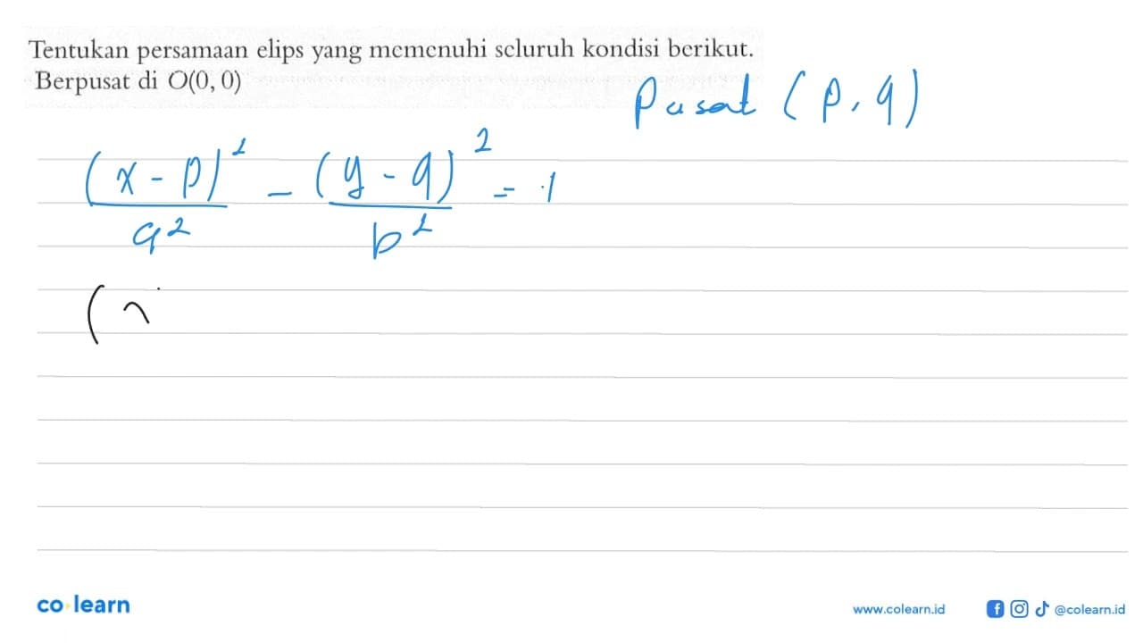 Tentukan persamaan elips yang memenuhi seluruh kondisi