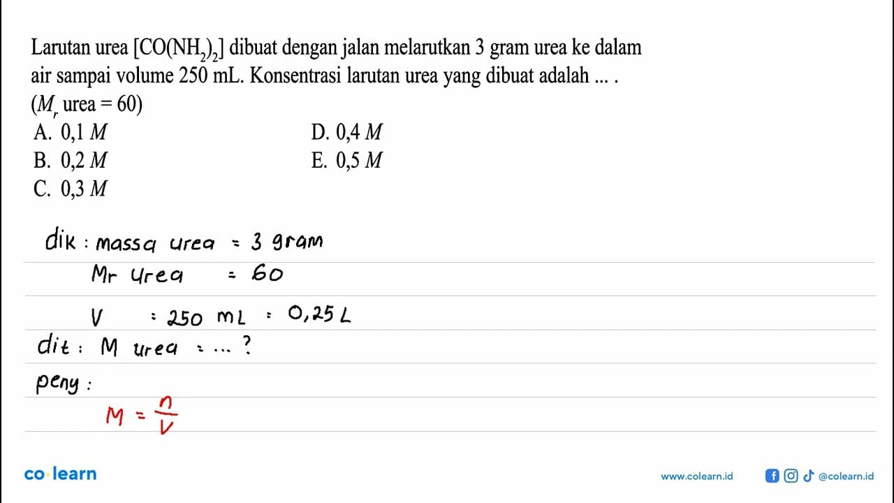 Larutan urea [CO(NH2)2] dibuat dengan jalan melarutkan 3