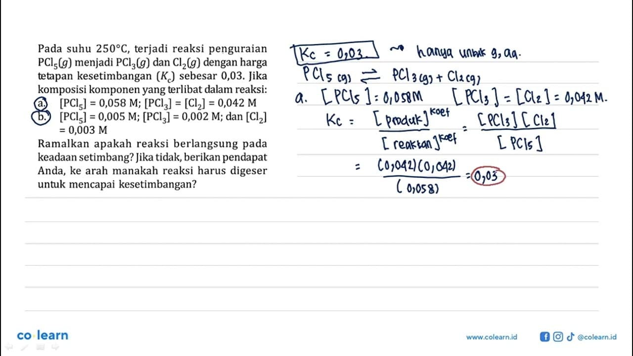 Pada suhu 250 C, terjadi reaksi penguraian PCl5 (g) menjadi