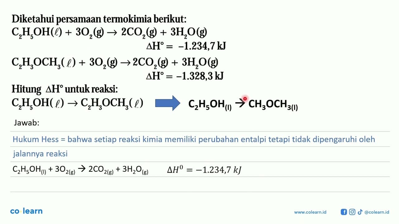 Diketahui persamaan termokimia berikut: C2H5OH(l) + 3O2(g)