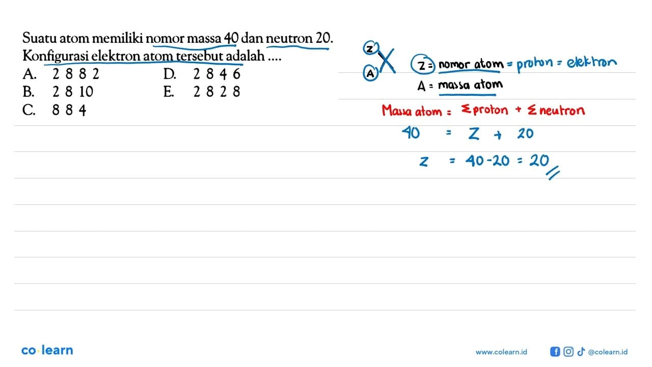 Suatu atom memiliki nomor massa 40 dan neutron 20.