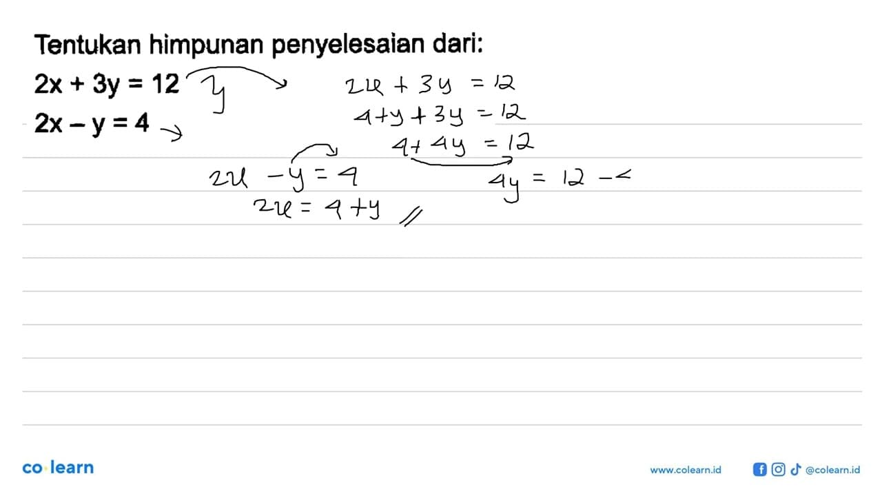 Tentukan himpunan penyelesaian dari: 2x + 3y = 12 2x - y =
