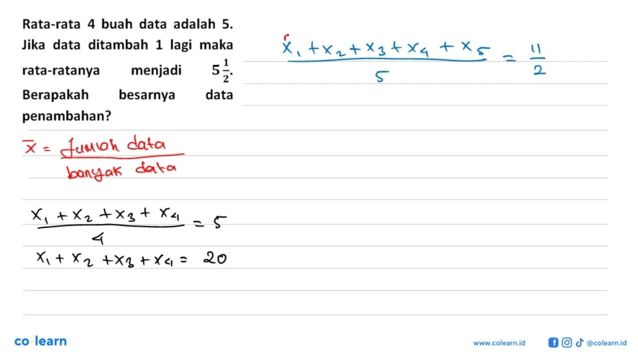 Rata-rata 4 buah data adalah 5. Jika data ditambah 1 lagi