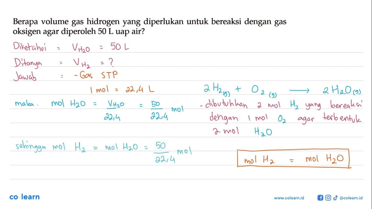 Berapa volume gas hidrogen yang diperlukan untuk bereaksi