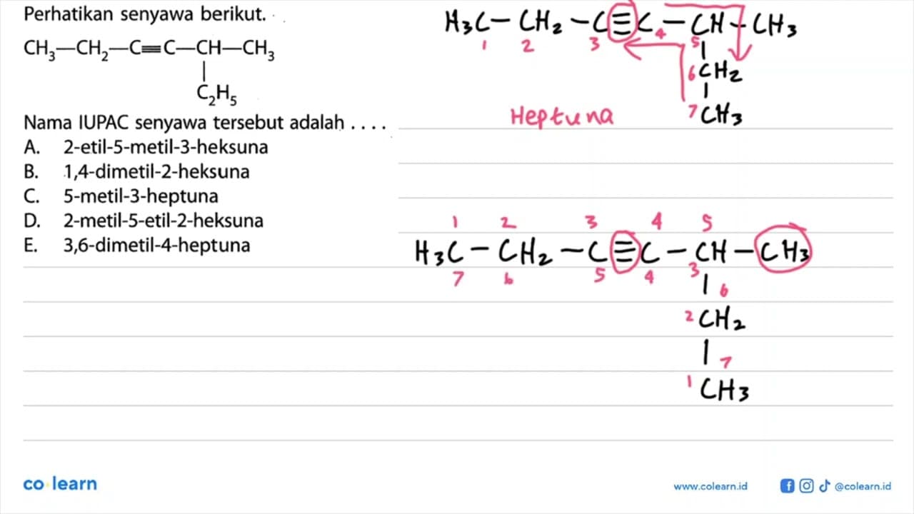 Perhatikan senyawa berikut. CH3-CH2-C=C-CH(C2H5)-CH3 Nama