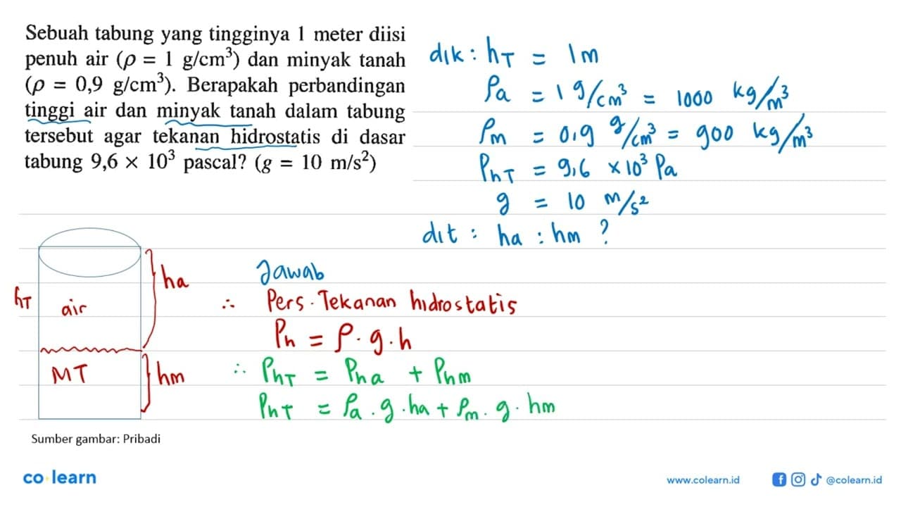 Sebuah tabung yang tingginya 1 meter diisi penuh air (rho =