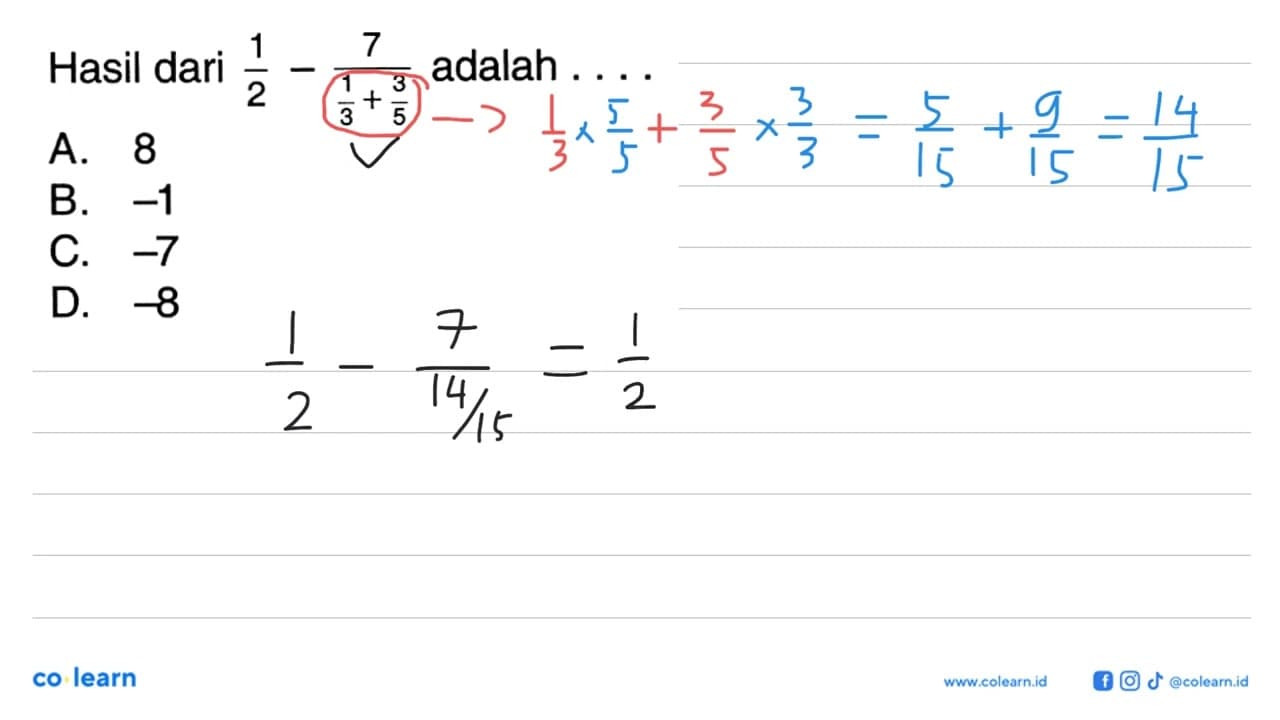 Hasil dari (1/2) - (7/(1/3 + 3/5) adalah .... A. 8 B. -1 C.