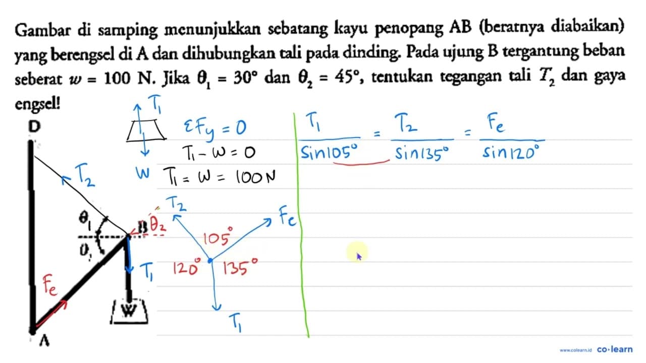 Gambar di samping menunjukkan sebatang kayu penopang A B