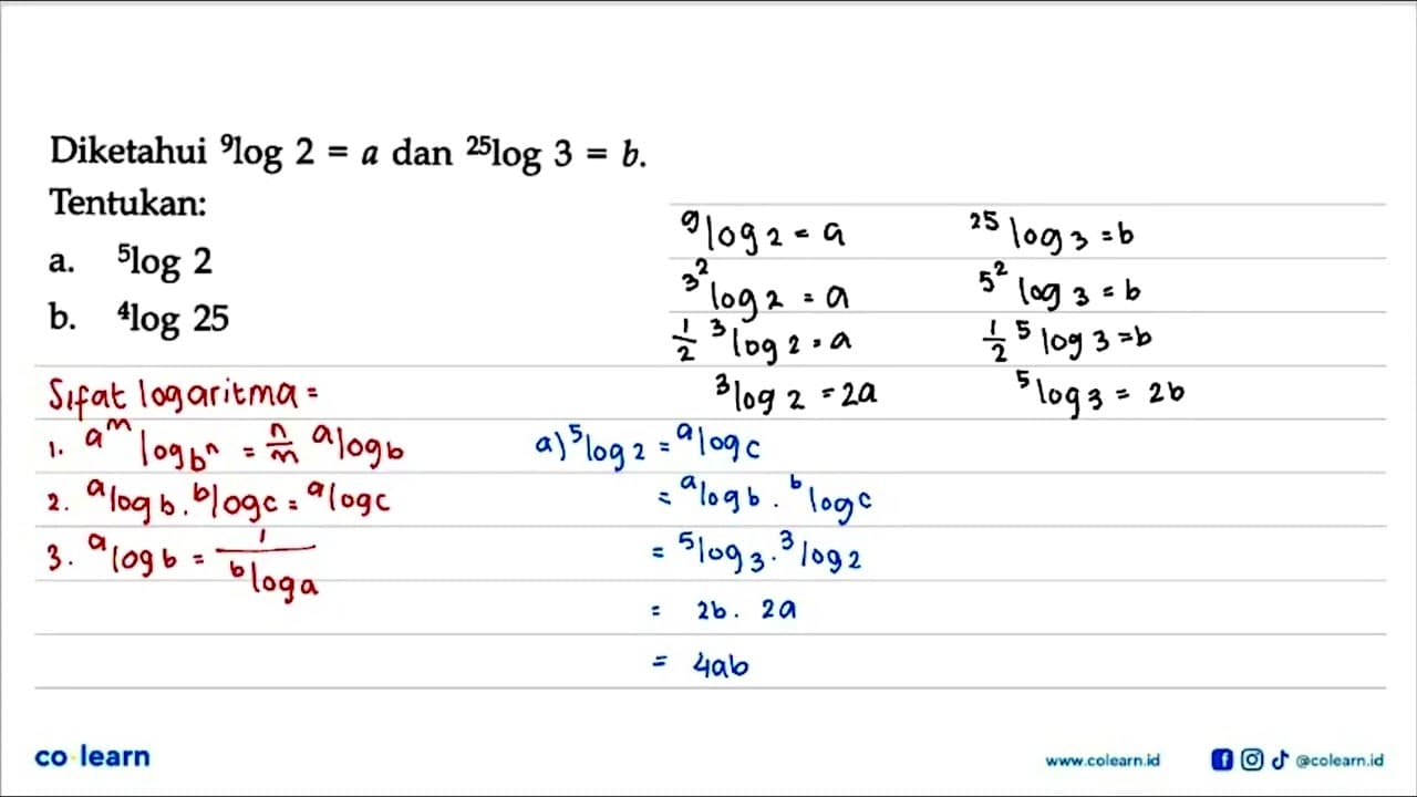 Diketahui 9log2=a dan 25log3=b. Tentukan: a. 5log2 b.