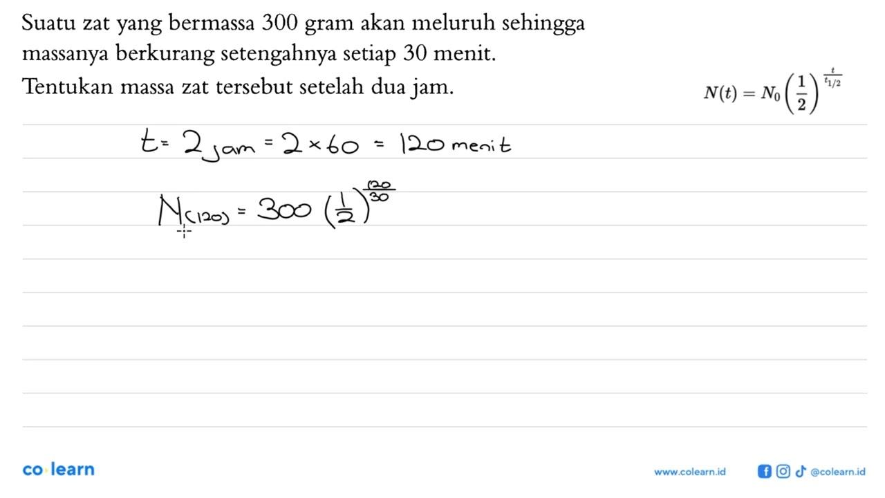 Suatu zat yang bermassa 300 gram akan meluruh sehingga