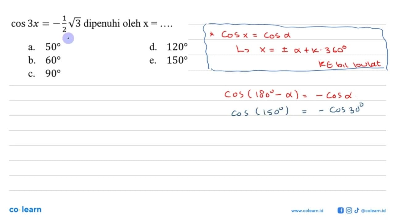 cos 3x=-1/2 akar(3) dipenuhi oleh x= ...