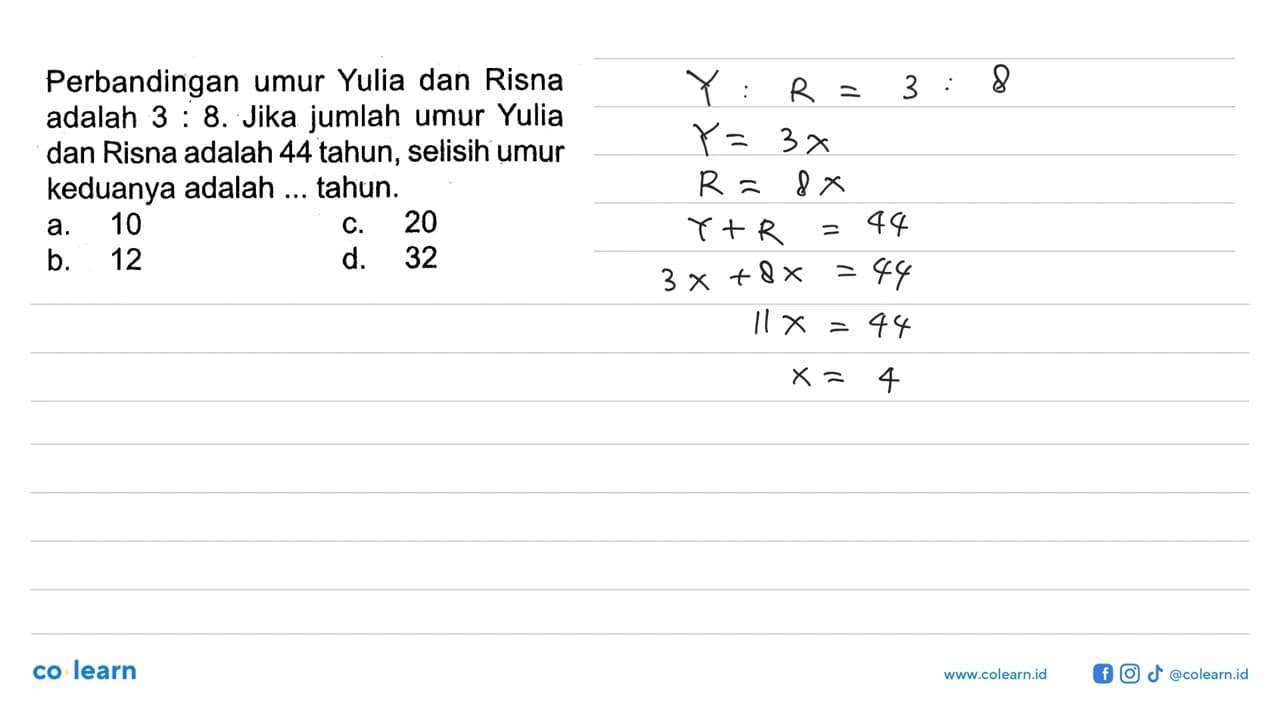 Perbandingan umur Yulia dan Risna adalah 3:8. Jika jumlah