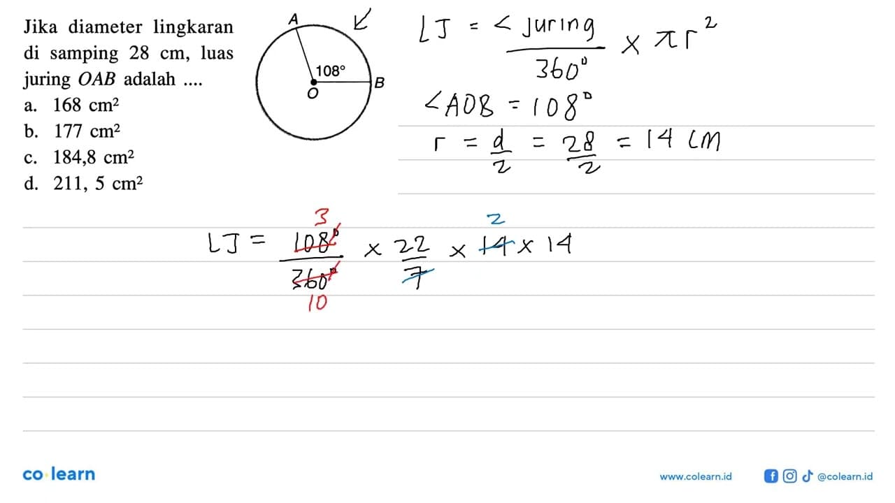 Jika diameter lingkaran di samping 28 cm, luas juring OAB