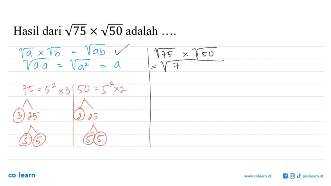 Hasil dari akar(75) x akar(50) adalah...