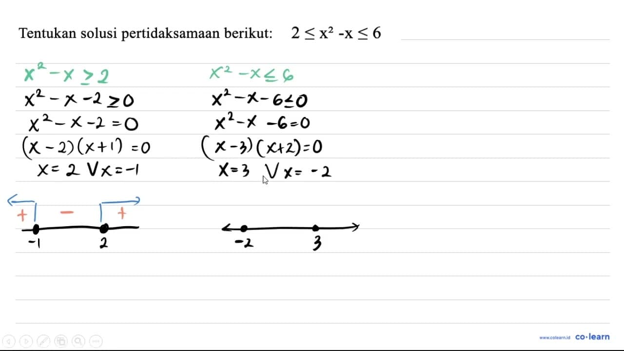 Tentukan solusi pertidaksamaan berikut: 2 <= x^(2)-x <= 6