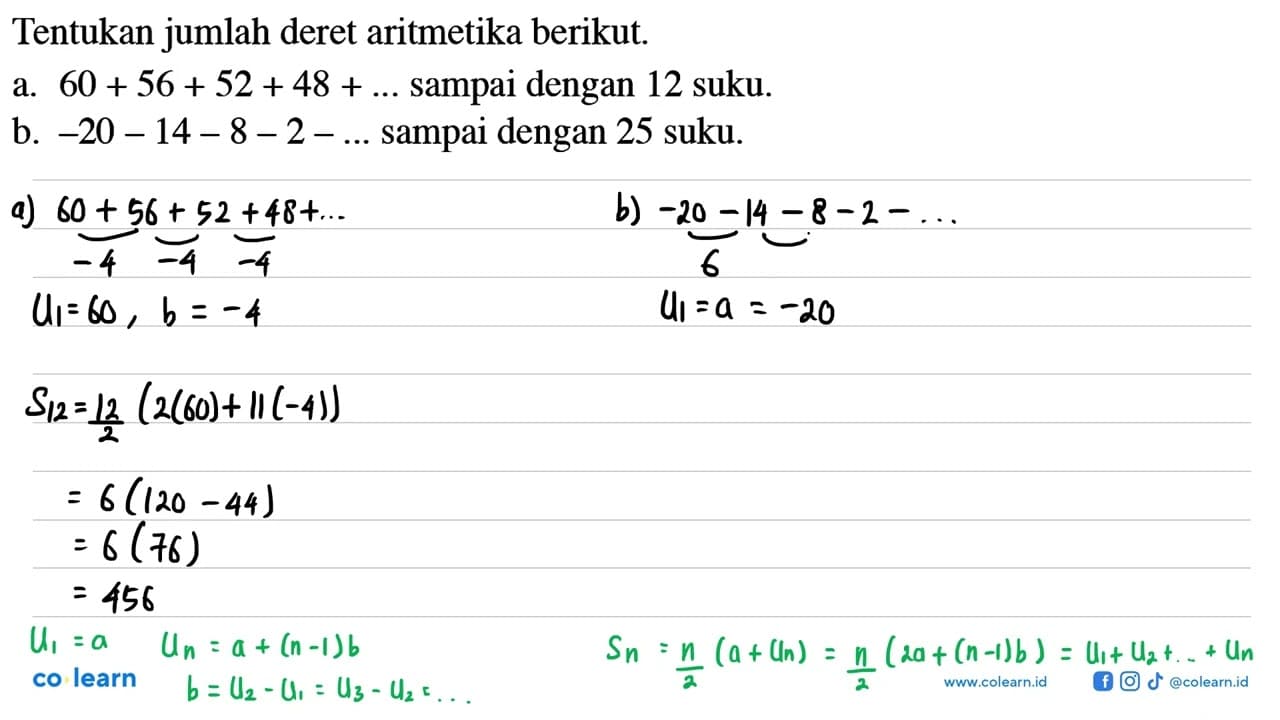 Tentukan jumlah deret aritmetika berikut.a. 60+56+52+48+...