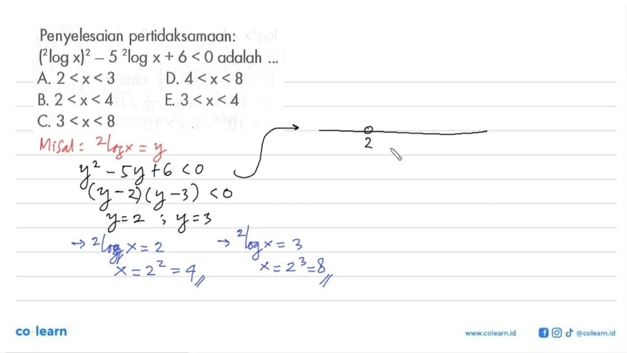 Penyelesaian pertidaksamaan: (2log x)^2-5 2logx +6<0 adalah