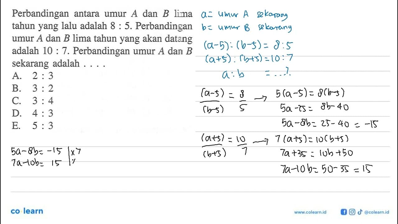 Perbandingan antara umur A dan B lima tahun yang lalu