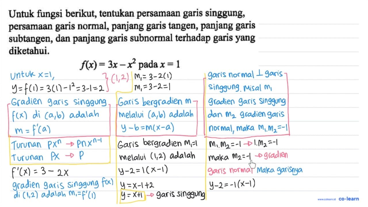 Untuk fungsi berikut; tentukan persamaan garis singgung;