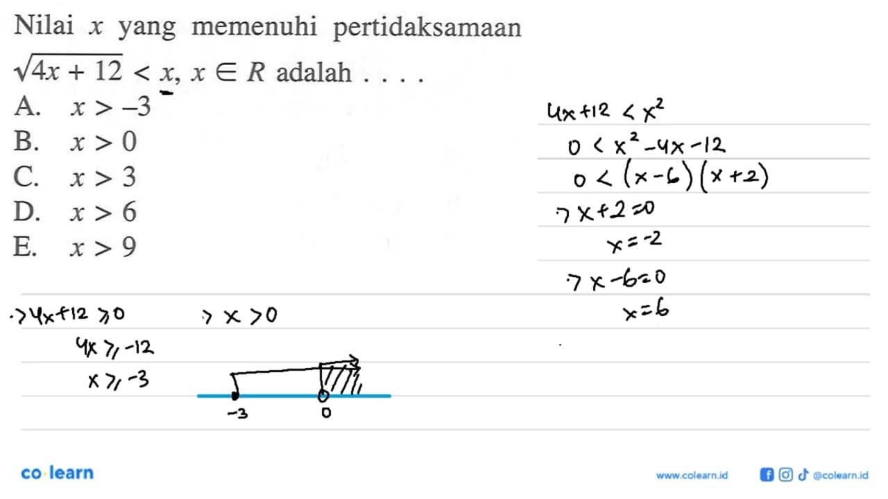 Nilai x yang memenuhi pertidaksamaan akar(4x+12)<x, x e R