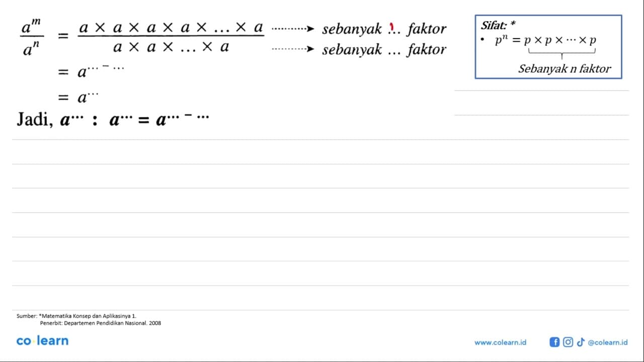 a^m/a^n=a x a x a x a x ... x a/a x a x ... x a -> sebanyak