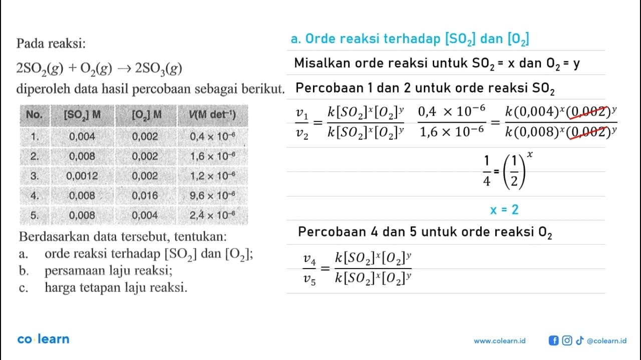 Pada reaksi:2SO2(g)+O2(g)->2SO3(g) diperoleh data hasil