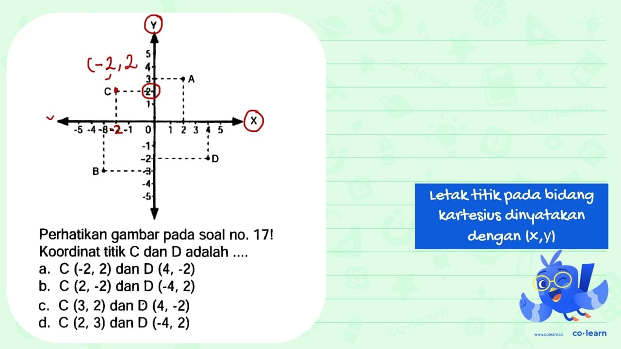 Perhatikan gambar pada soal no. 17! Koordinat titik C dan D
