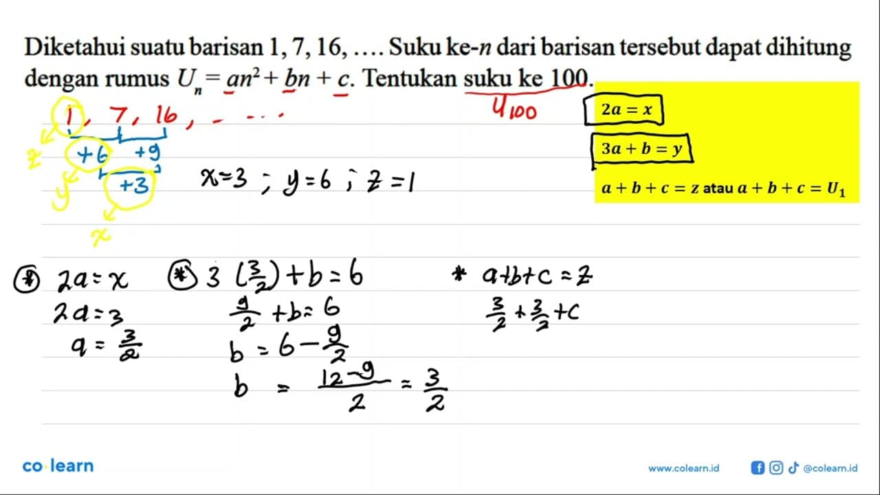 Diketahui suatu barisan 1, 7, 16, .... Suku ke-n dari