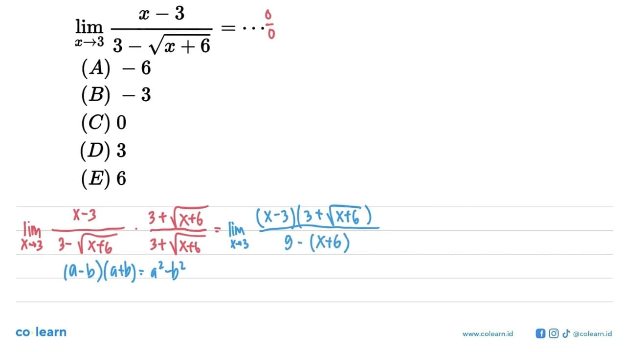 lim x->3 (x-3)/(3-akar(x+6))=....