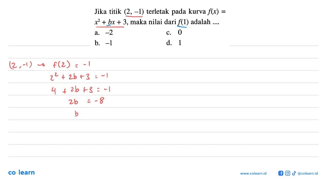 Jika titik (2, -1) terletak pada kurva f(x) = x^2 + bx + 3,