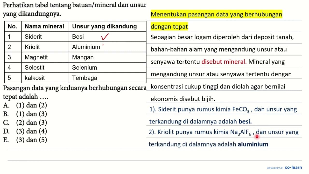 Perhatikan tabel tentang batuan/mineral dan unsur yang