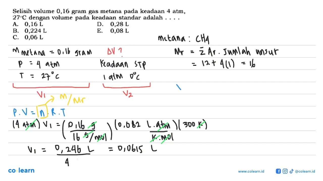 Selisih volume 0,16 gram gas metana pada keadaan 4 atm, 27