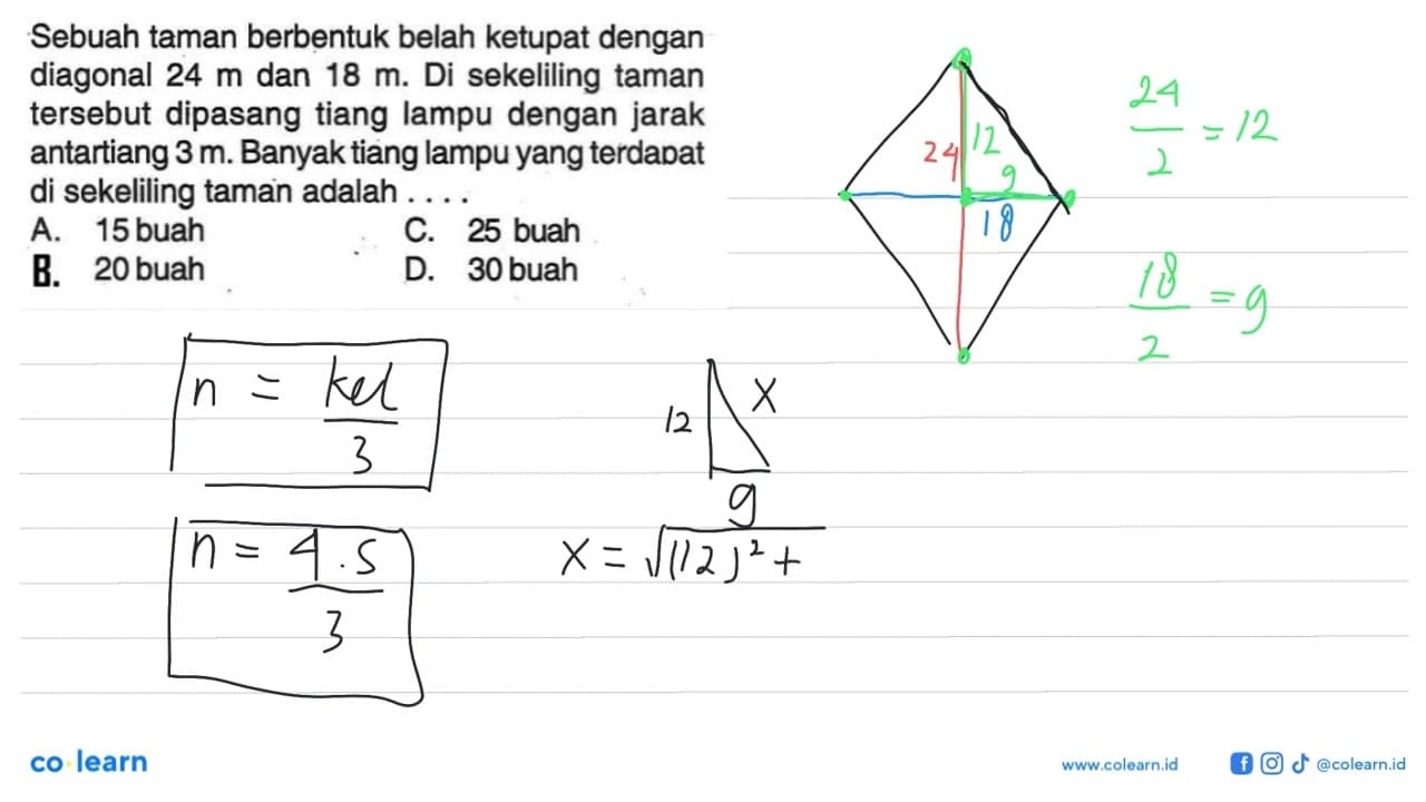 Sebuah taman berbentuk belah ketupat dengan diagonal 24 m