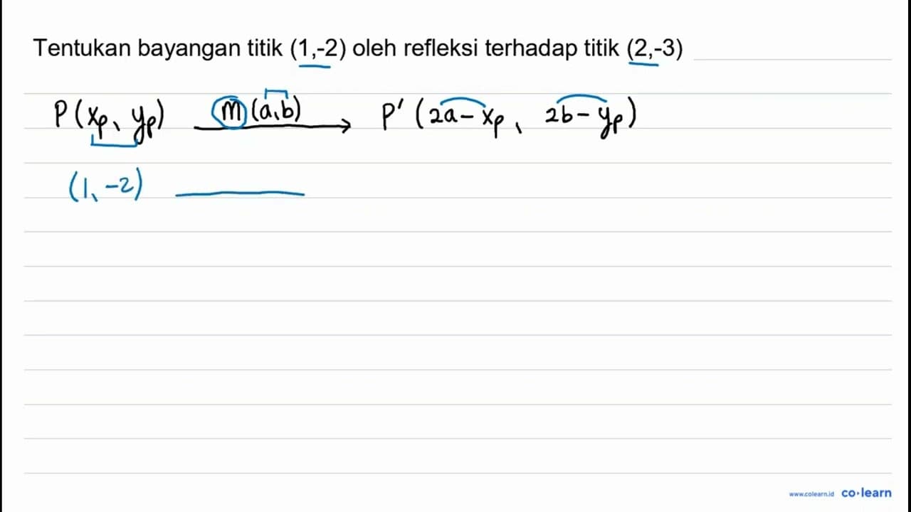 Tentukan bayangan titik (1,-2) oleh refleksi terhadap titik