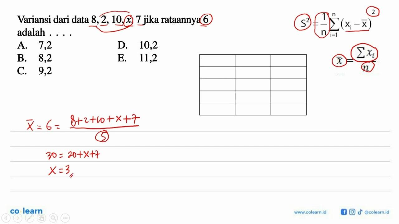 Variansi dari data 8,2,10,x,7 jika rataannya 6 adalah ...