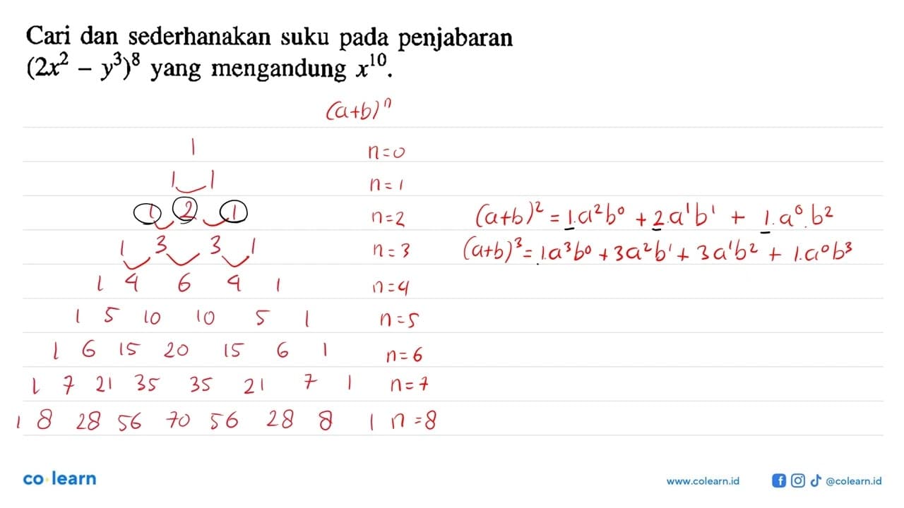 Cari dan sederhanakan suku pada penjabaran (2x^2 - y^3)^8