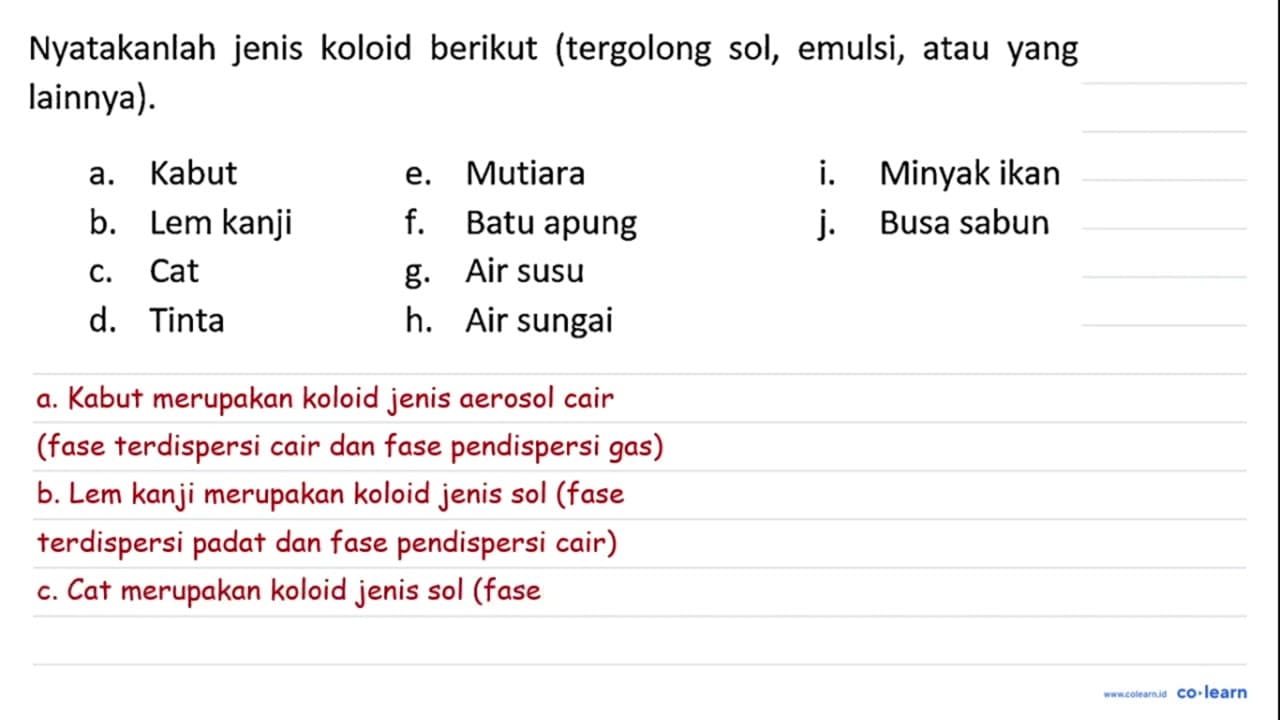 Nyatakanlah jenis koloid berikut (tergolong sol, emulsi,