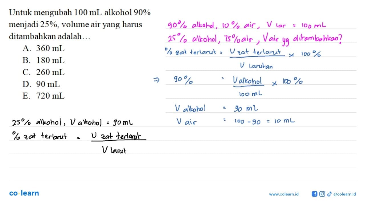 Untuk mengubah 100 mL larutan alkohol 90% menjadi 25% ,