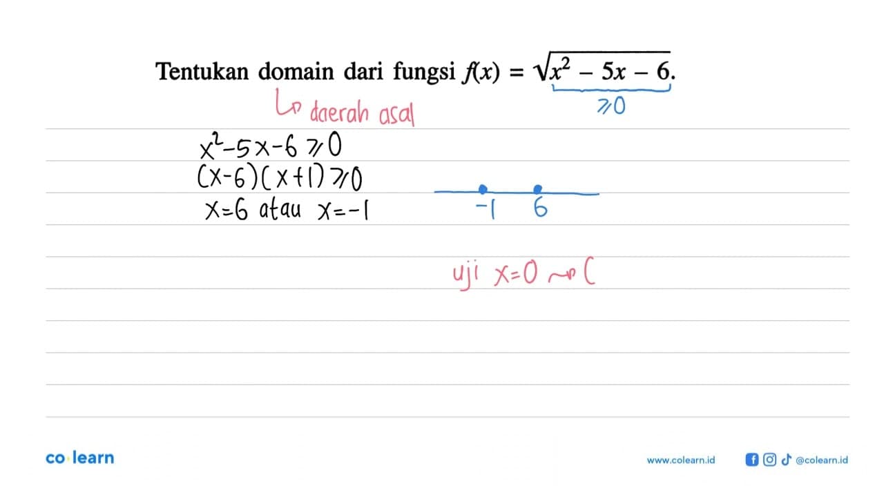 Tentukan domain dari fungsi f(x)=akar(x^2-5x-6).