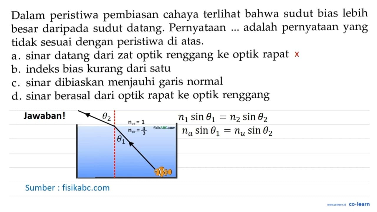 Dalam peristiwa pembiasan cahaya terlihat bahwa sudut bias