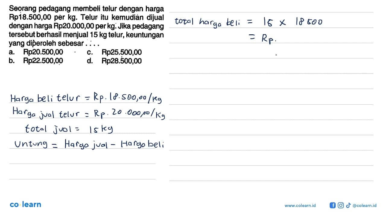 Seorang pedagang membeli telur dengan harga Rp18.500,00 per