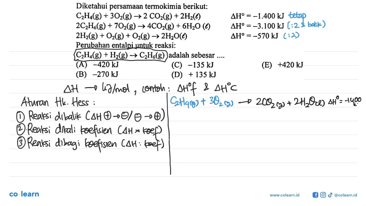 Diketahui persamaan termokimia berikut:C2H4(g) + 3O2(g) ->