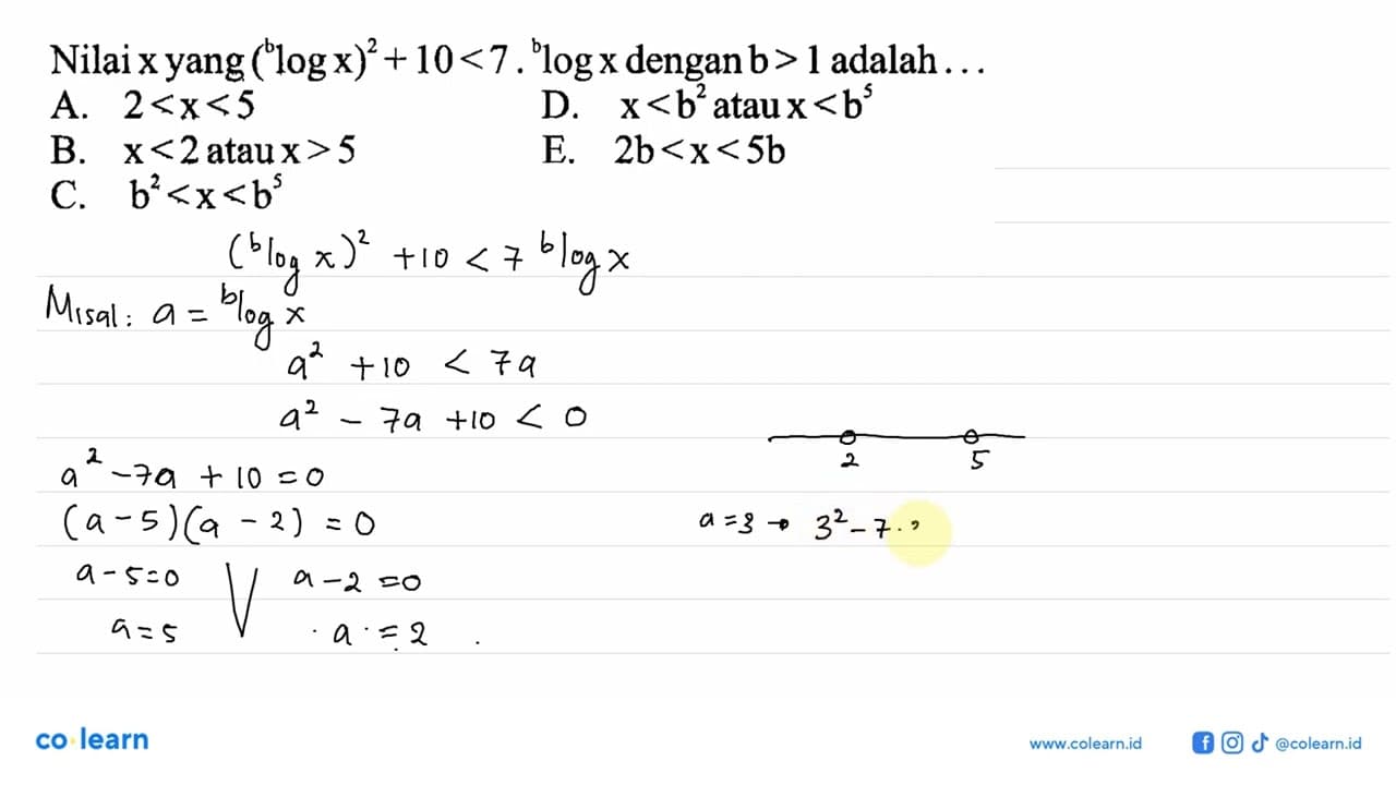 Nilai x yang (blog x)^2 + 10<7 blog x dengan b> 1 adalah .