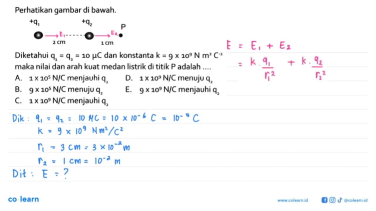 Perhatikan gambar di bawah.+q1 2 cm +q2 1 cm PDiketahui q1