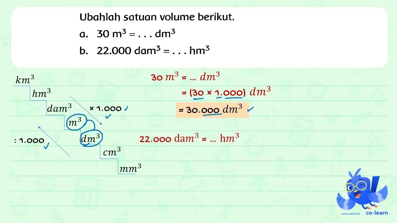 Ubahlah satuan volume berikut. a. 30 m^(3)=... dm^(3) b.