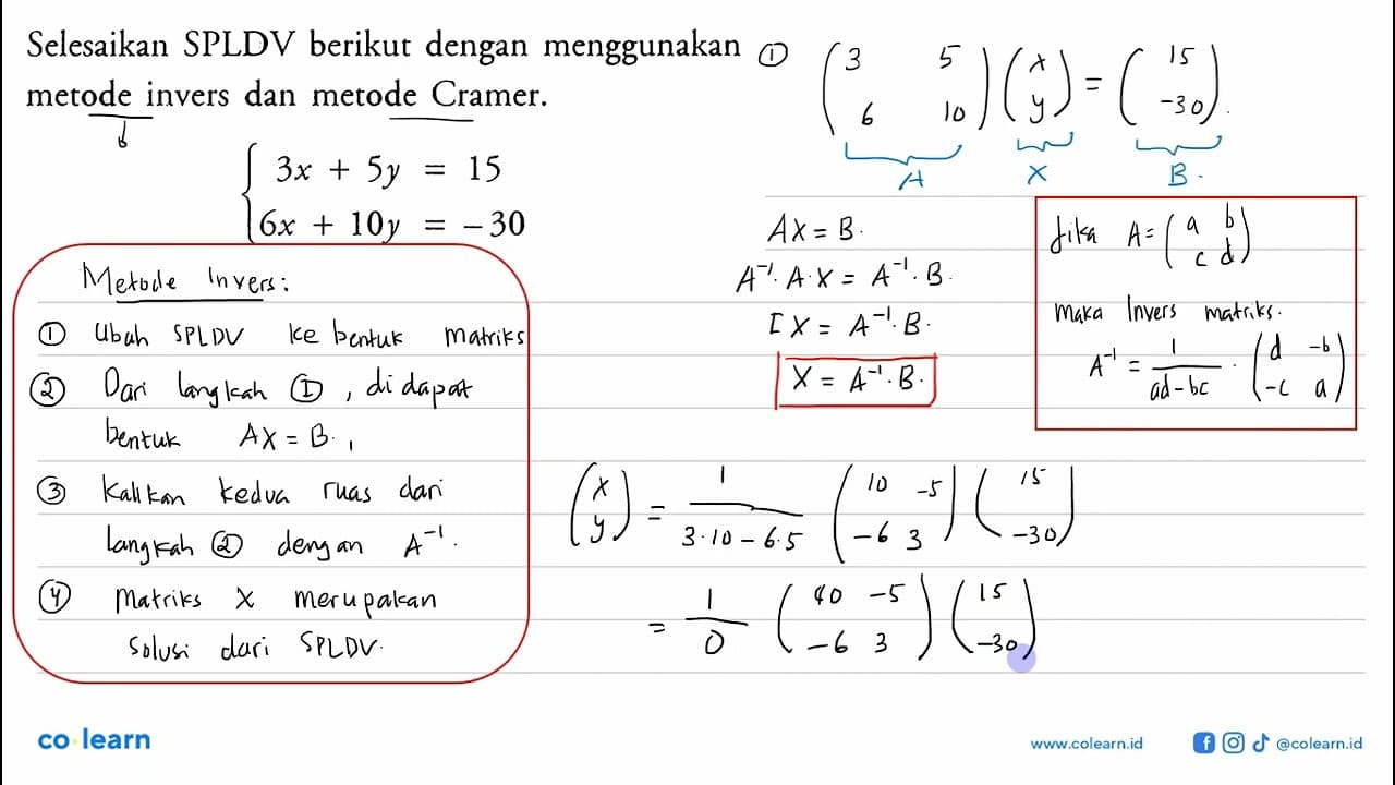 Selesaikan SPLDV berikut dengan menggunakan metode invers